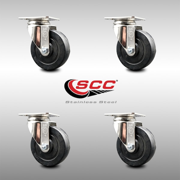 4 Inch 316SS Soft Rubber Wheel Swivel Top Plate Caster Set